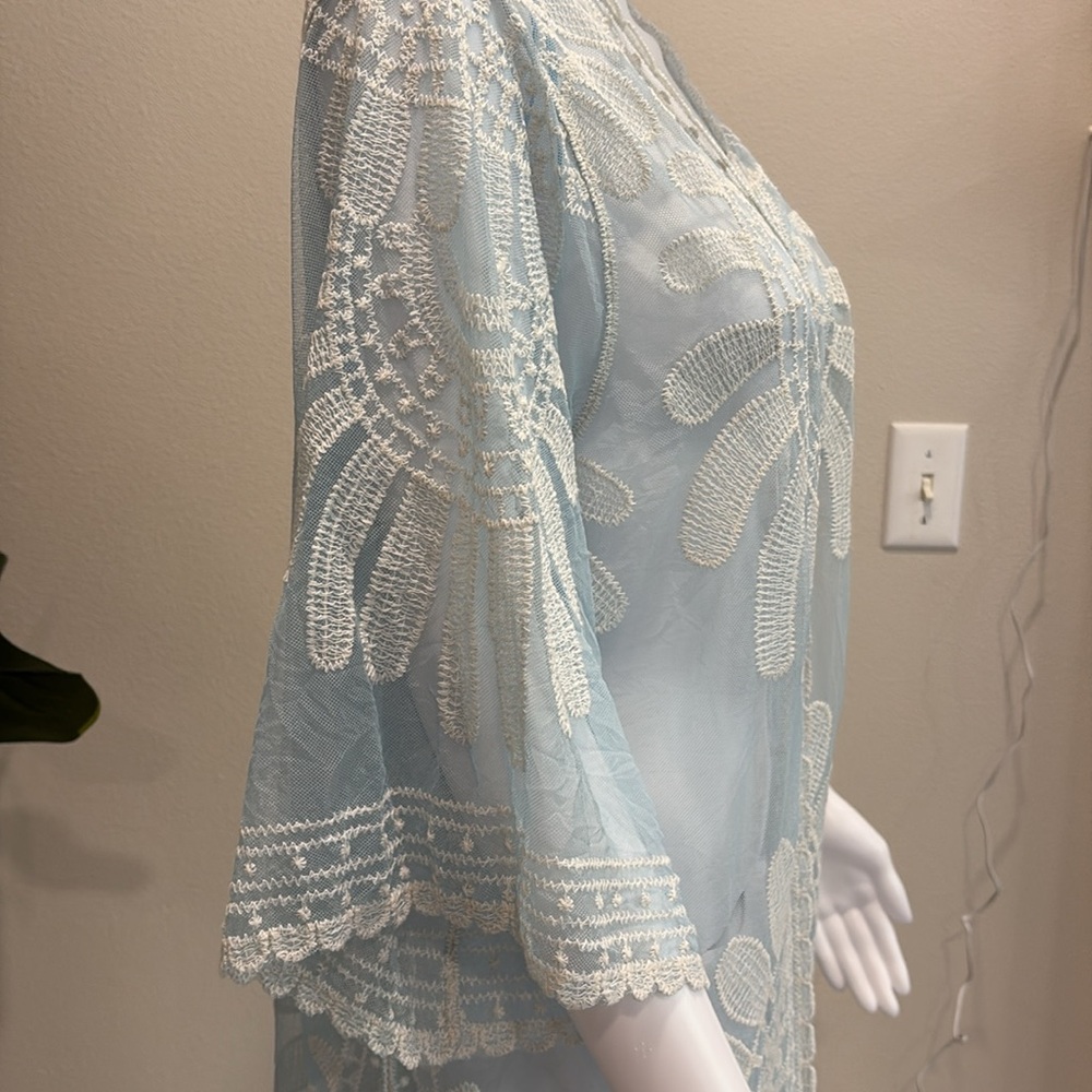 Rebellion Sheer Mesh Embroidered Beach Cover Up Cardigan Size M Blue Long Duster - Picture 10 of 14